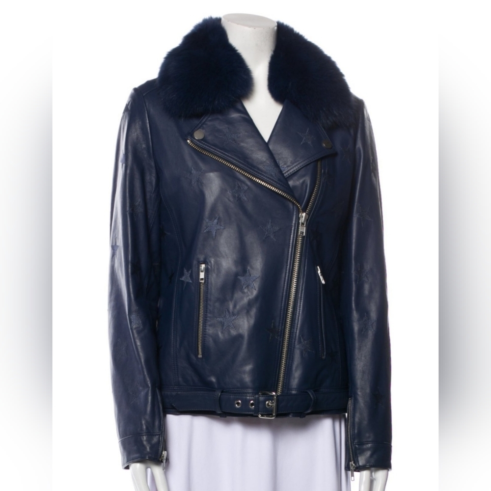 Samantha Sipos Women's Lambskin Fox Fur Jacket Lining Rabbit Navy Size L